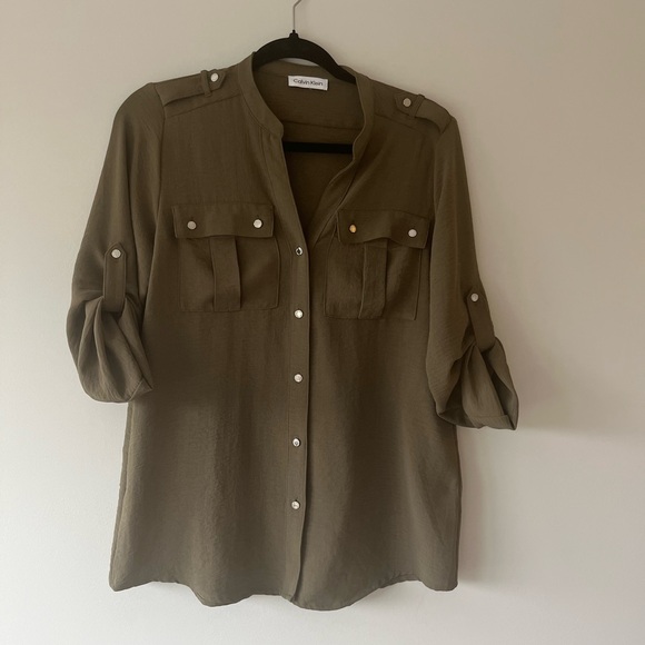 Calvin Klein Tops - Calvin Klein Olive Green Utility Roll-Tab Sleeve Blouse - Size Medium